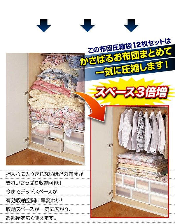 日本製自動ロック式布団圧縮袋計12枚セットの商品説明