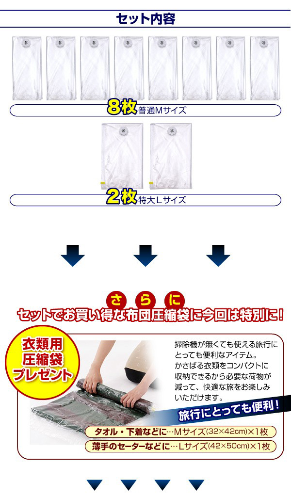 日本製自動ロック式布団圧縮袋計12枚セットの商品説明