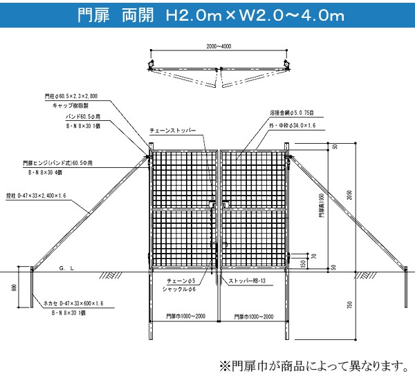 金網門扉 両開 H2.0m×W4.0m