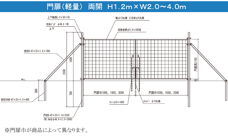 ランキングや新製品 あっと解消  店 金網門扉 両開き H1.2m×W3.0m フェンス 柵 ゲート