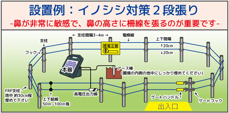 供え 電気柵 電柵 防獣くんDC3000イノシシ用１反セット 2段張