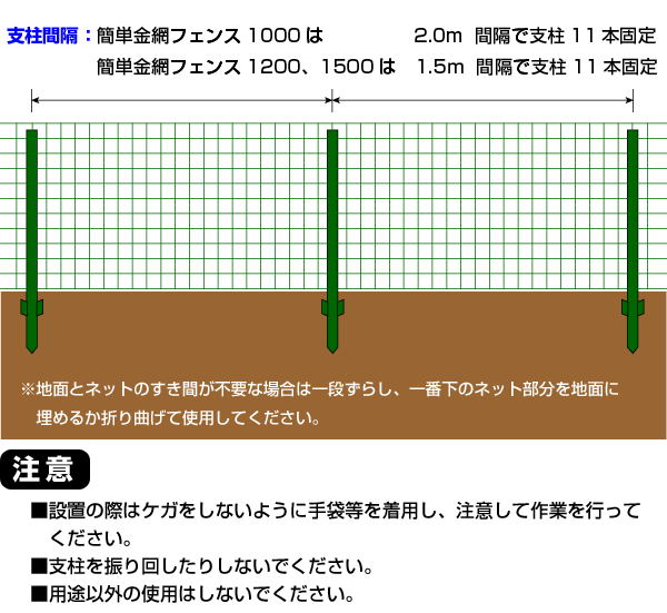 簡単金網フェンス1000は2.0m間隔で支柱を設置